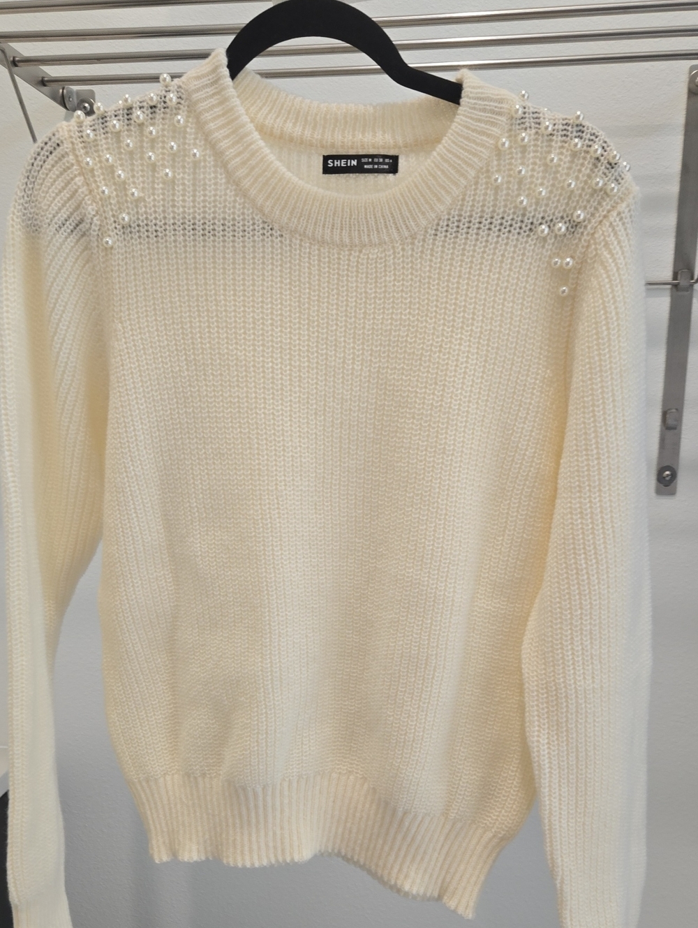 SHEIN Cream Pearl & Bead Crewneck Sweater